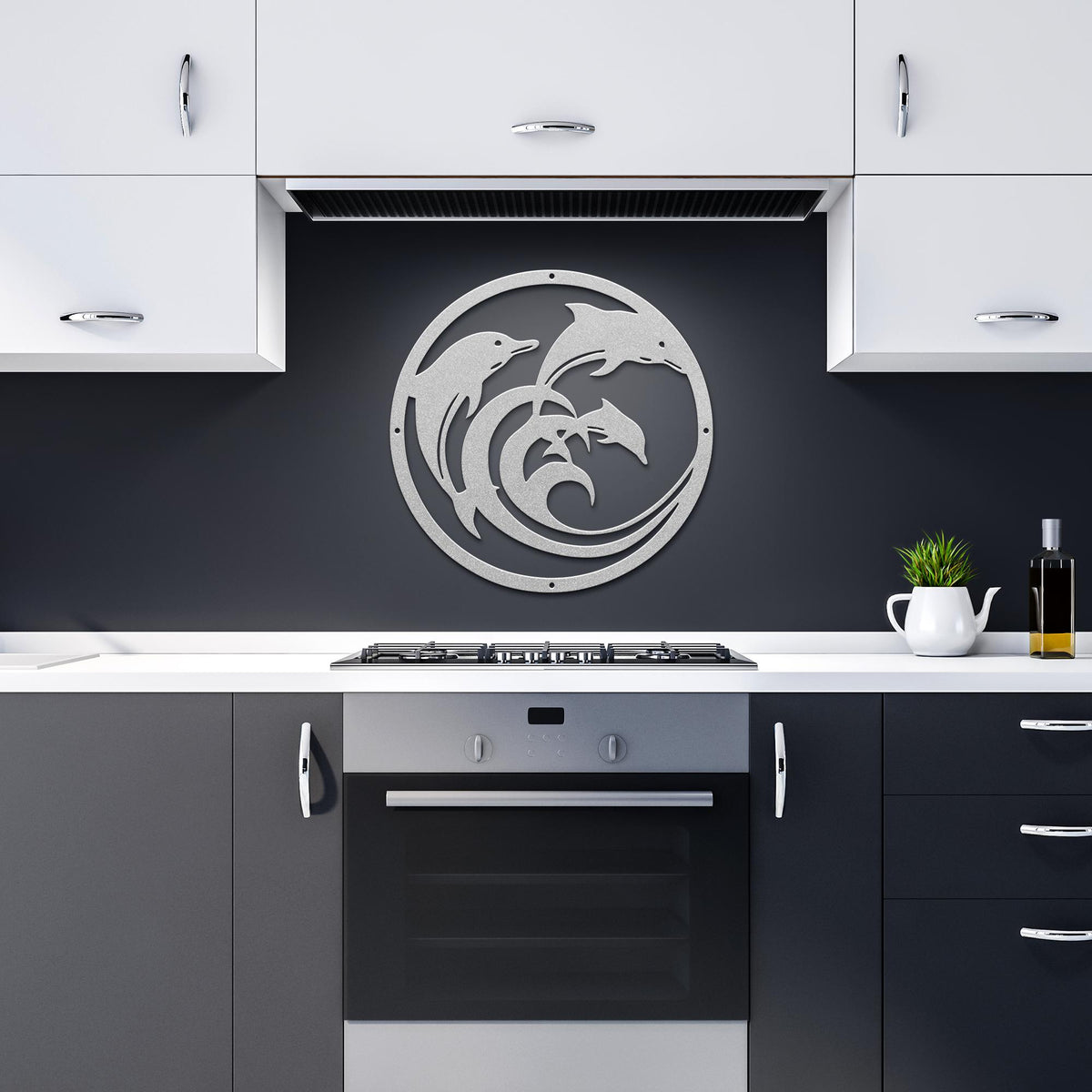 Dolphin_Circle_Metal_Wall_Art_Silver_Dark_Kitchen_Mockup