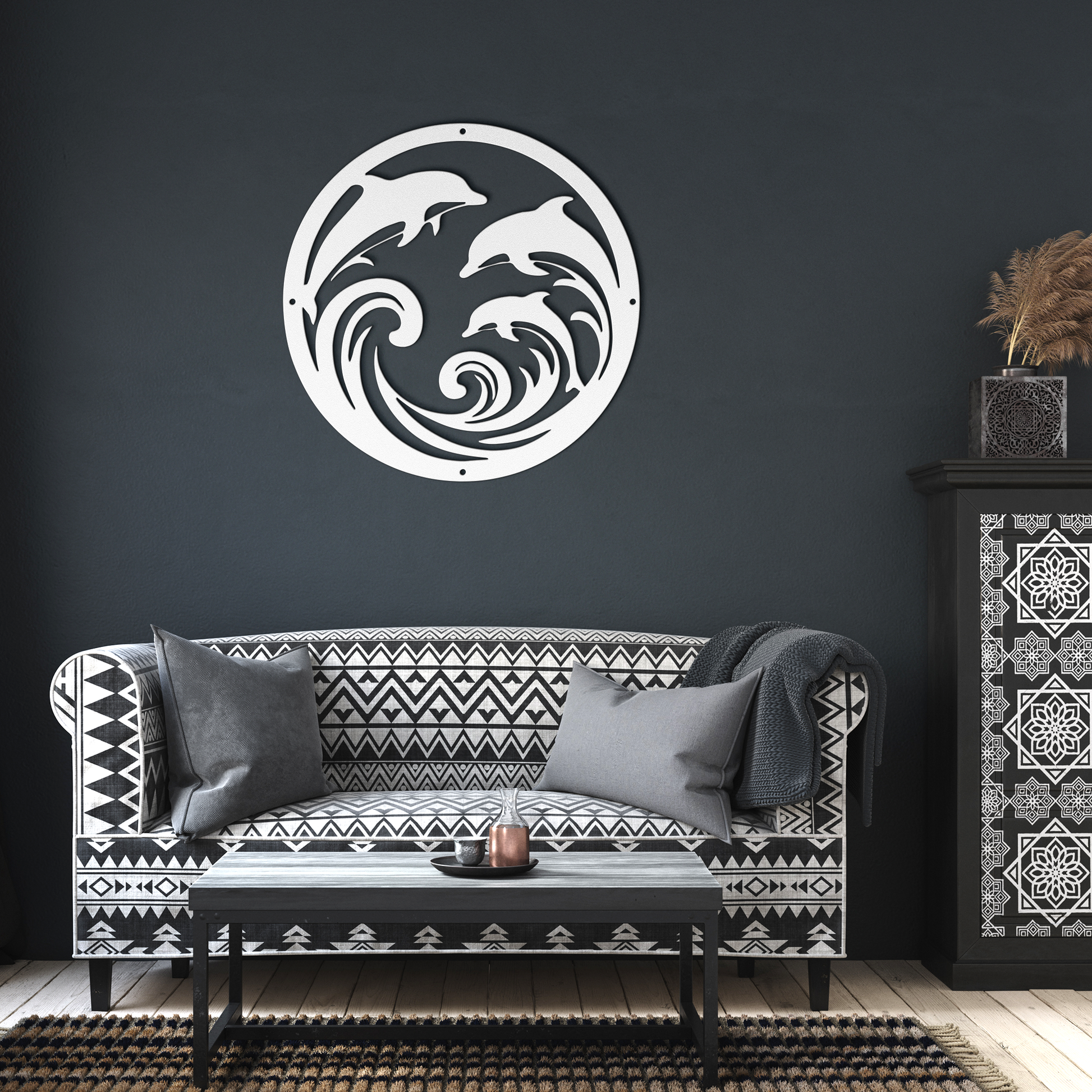 Dolphin_Trio_Round_Metal_Wall_Art_White_Dark_Living_Room_Mockup.png