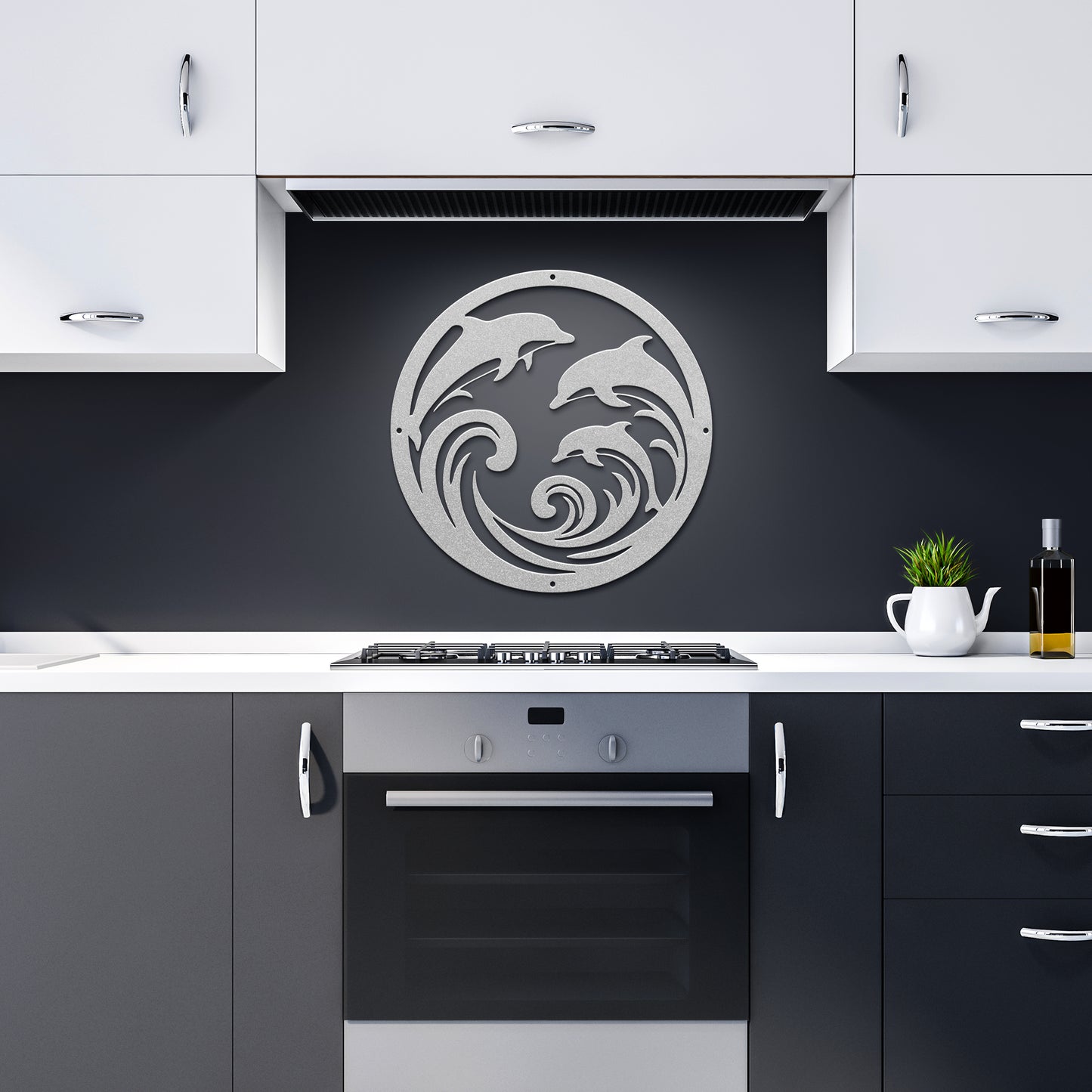 Dolphin_Trio_Round_Metal_Wall_Art_Silver_Dark_Kitchen_Mockup.png