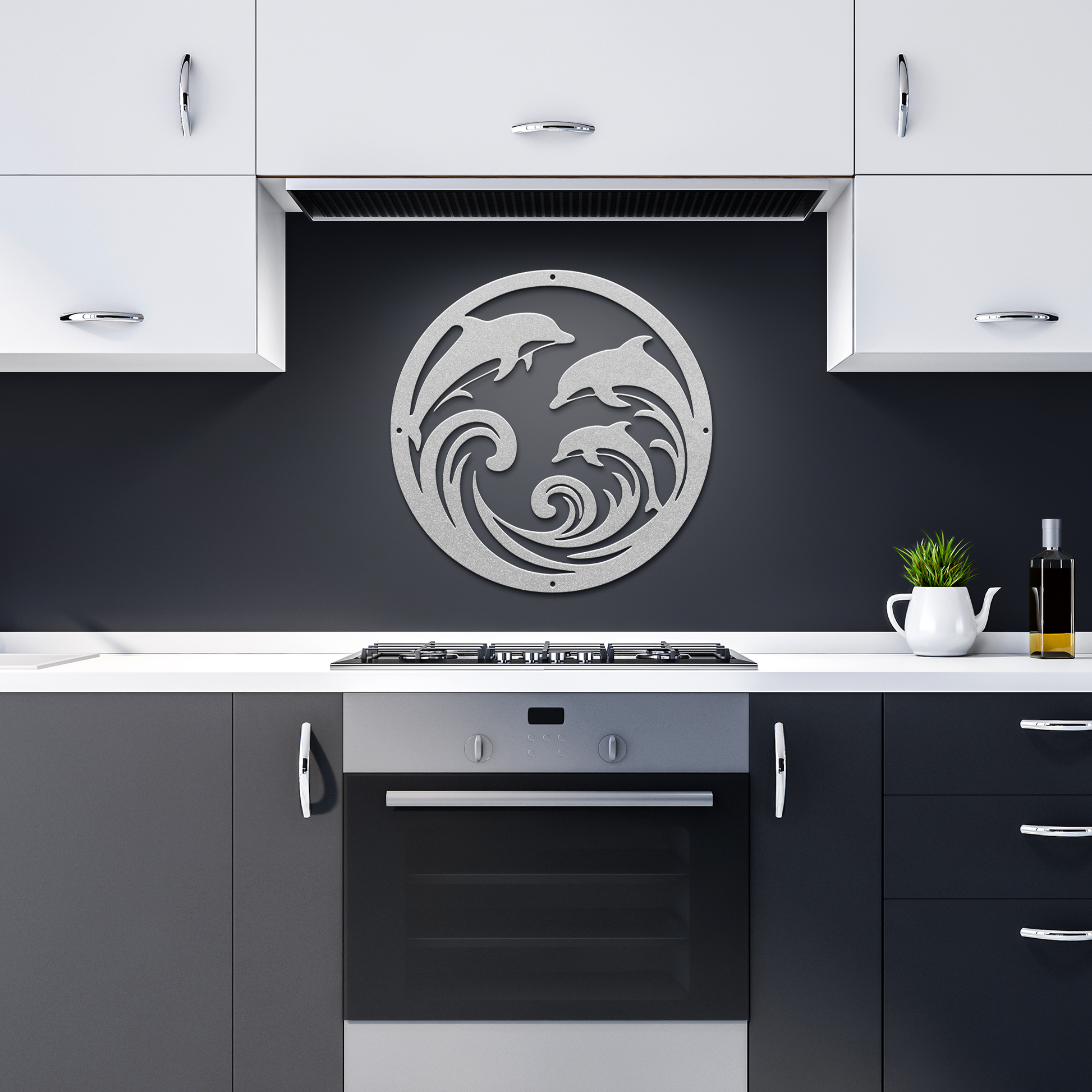 Dolphin_Trio_Round_Metal_Wall_Art_Silver_Dark_Kitchen_Mockup.png