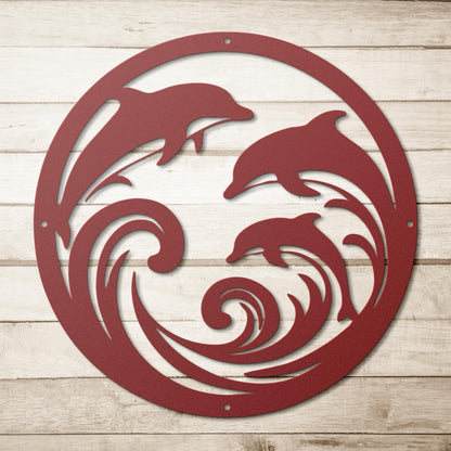 Dolphin_Trio_Round_Metal_Wall_Art_Red_Simple_Wood_BKGD_Mockup