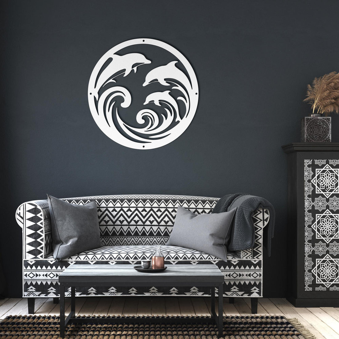 Dolphin_Trio_Round_Metal_Wall_Art_White_Dark_Living_Room_Mockup