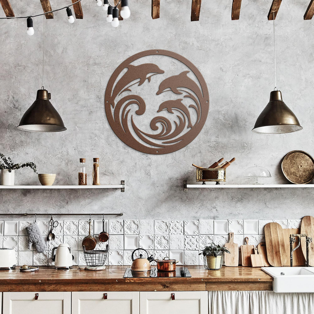 Dolphin_Trio_Round_Metal_Wall_Art_Copper_Rustic_Kitchen_Mockup