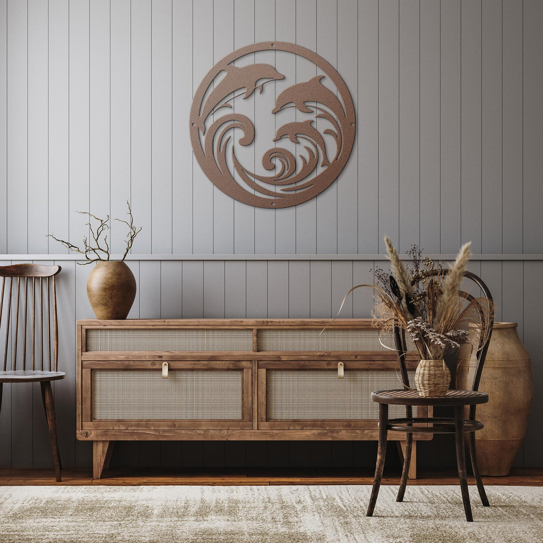 Dolphin_Trio_Round_Metal_Wall_Art_Copper_Rustic_Hallway_Mockup