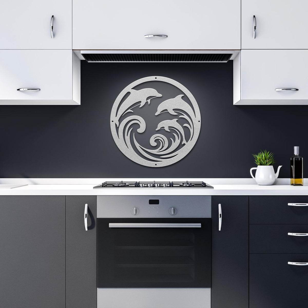 Dolphin_Trio_Round_Metal_Wall_Art_Silver_Dark_Kitchen_Mockup