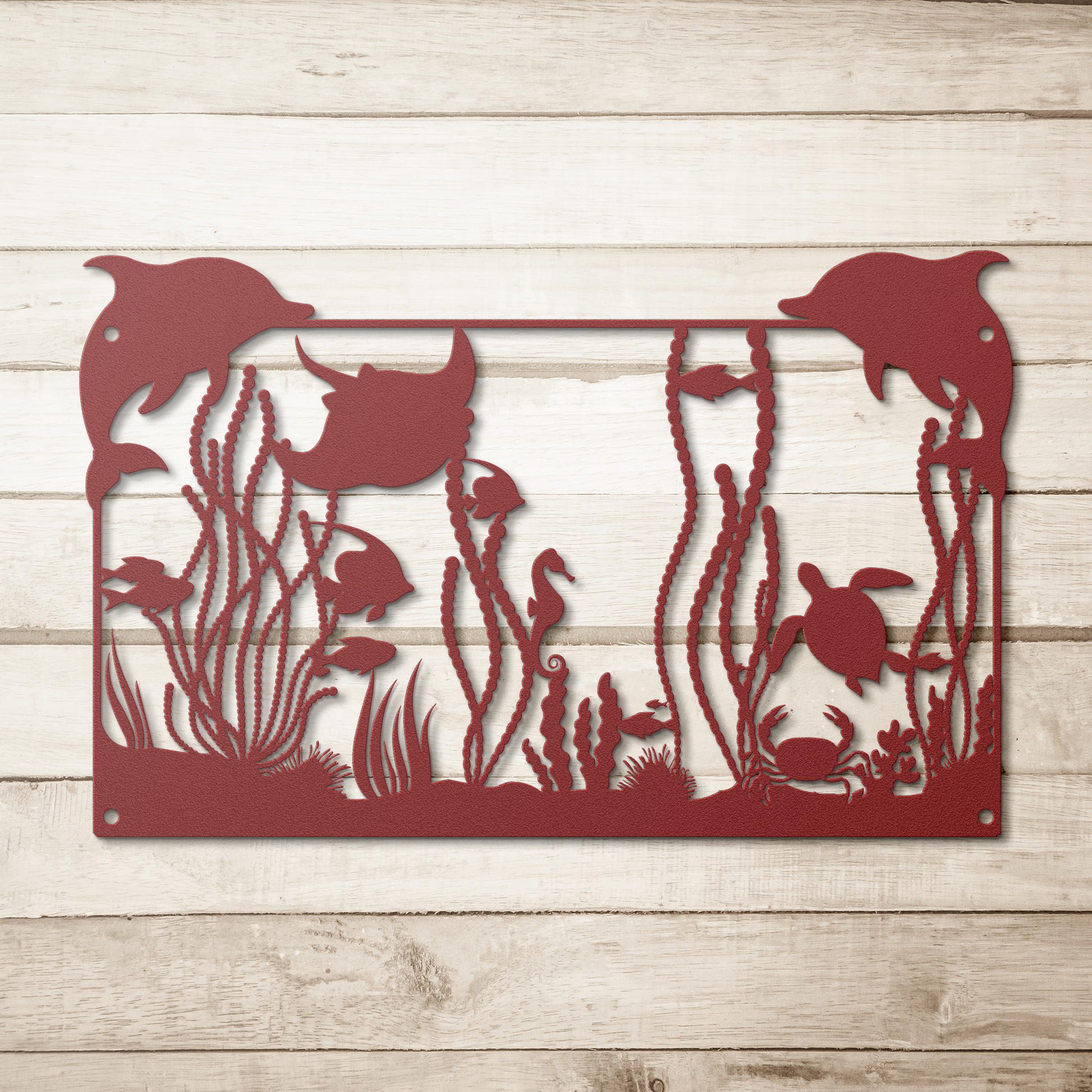 Dolphins_Turtles__Coral_Reef_Metal_Wal_Red_Simple_Wood_BKGD_Mockup.png