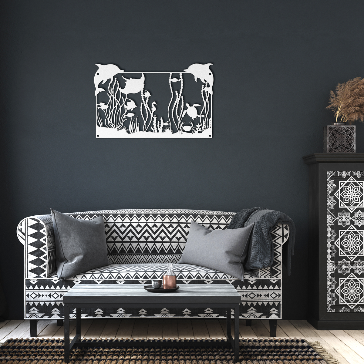 Dolphins_Turtles__Coral_Reef_Metal_Wal_White_Dark_Living_Room_Mockup.png