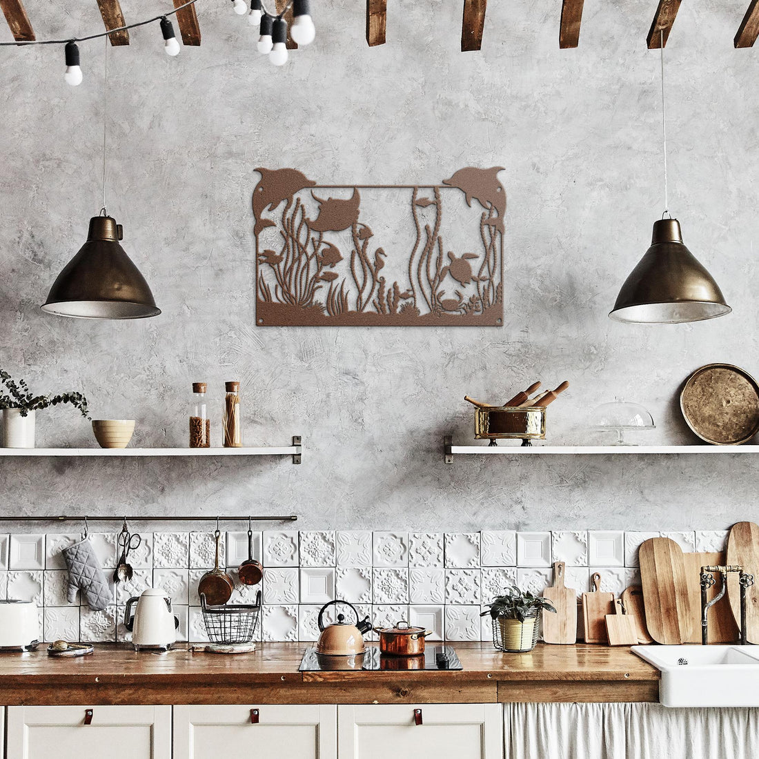 Dolphins_Turtles__Coral_Reef_Metal_Wal_Copper_Rustic_Kitchen_Mockup