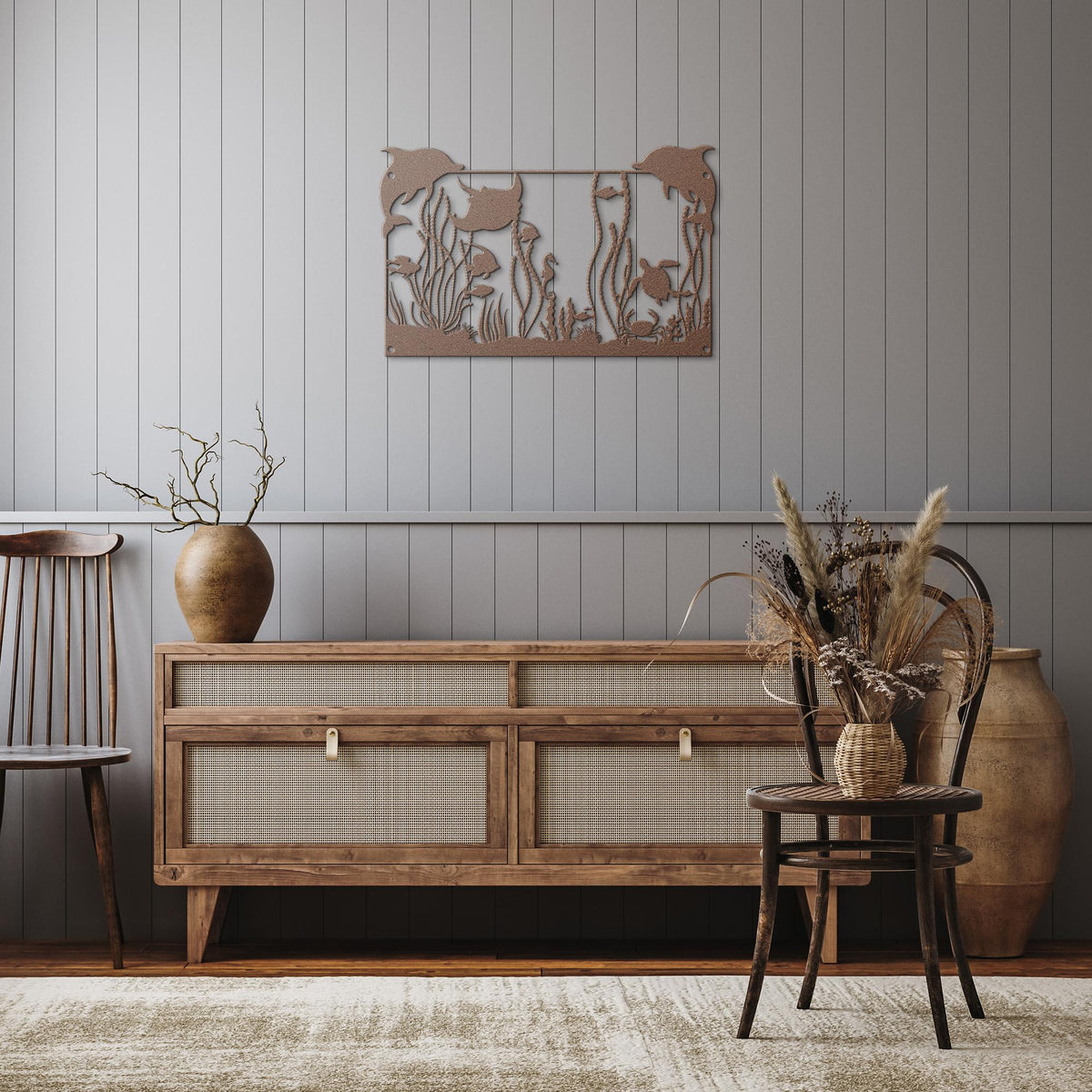Dolphins_Turtles__Coral_Reef_Metal_Wal_Copper_Rustic_Hallway_Mockup