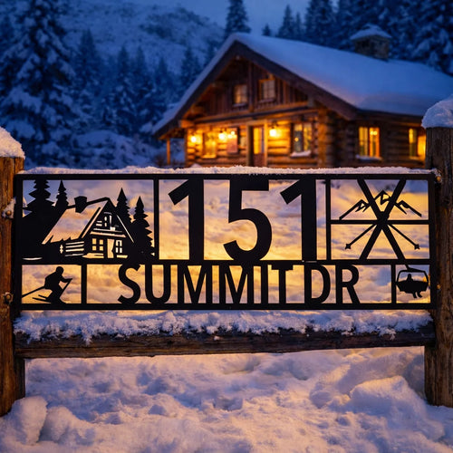 Wooden cabin in a snowy landscape with a decorative metal sign reading '151 Summit Dr'.