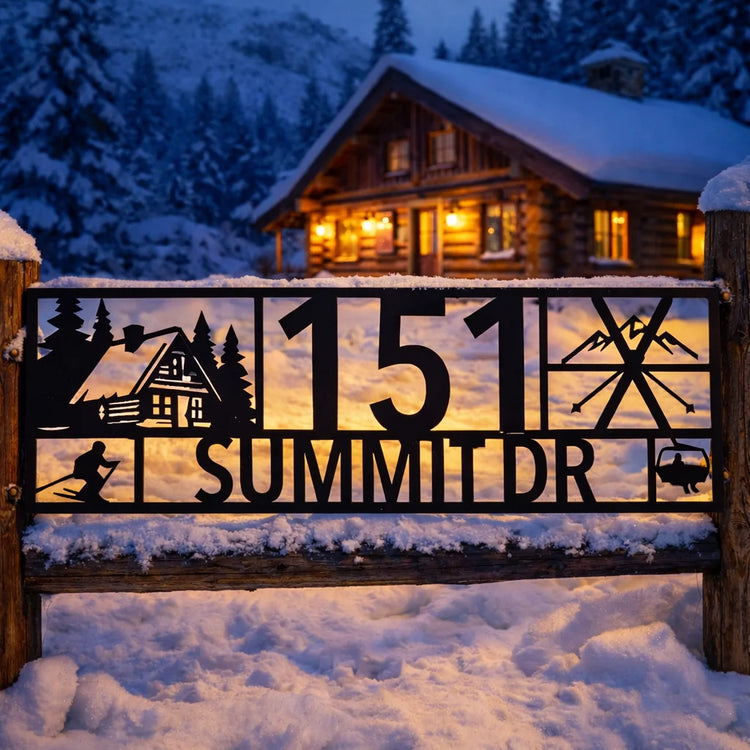 Wooden cabin in a snowy landscape with a decorative metal sign reading '151 Summit Dr'.