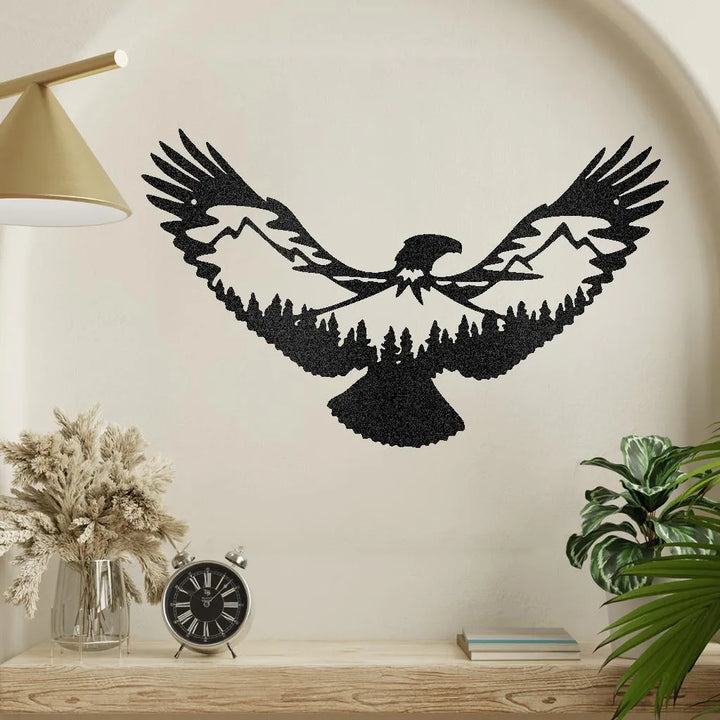 Black metal wall art featuring an eagle with spread wings, mountains, and pine trees.