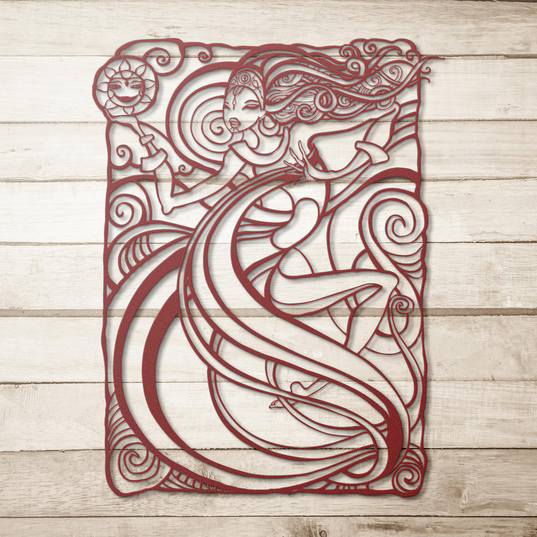 Personalized_Elegant_Mermaid_Metal_Wall__Red_Simple_Wood_BKGD_Mockup