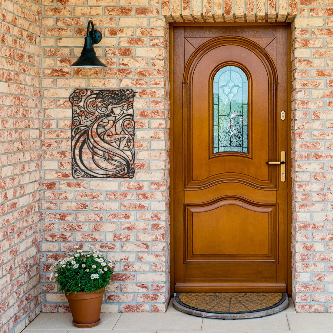 Personalized_Elegant_Mermaid_Metal_Wall__Black_Brick_Entrance_Mockup