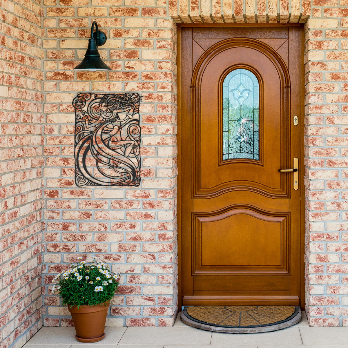 Personalized_Elegant_Mermaid_Metal_Wall__Black_Brick_Entrance_Mockup