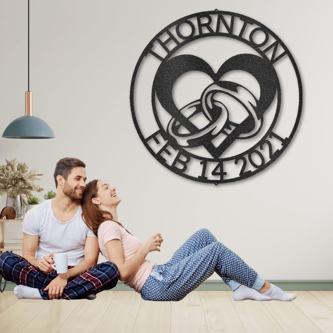 Engagement Heart and Rings Metal Wall Art