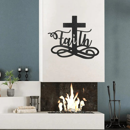 Black metal "Faith" script intertwined with a cross, displayed above a modern fireplace.