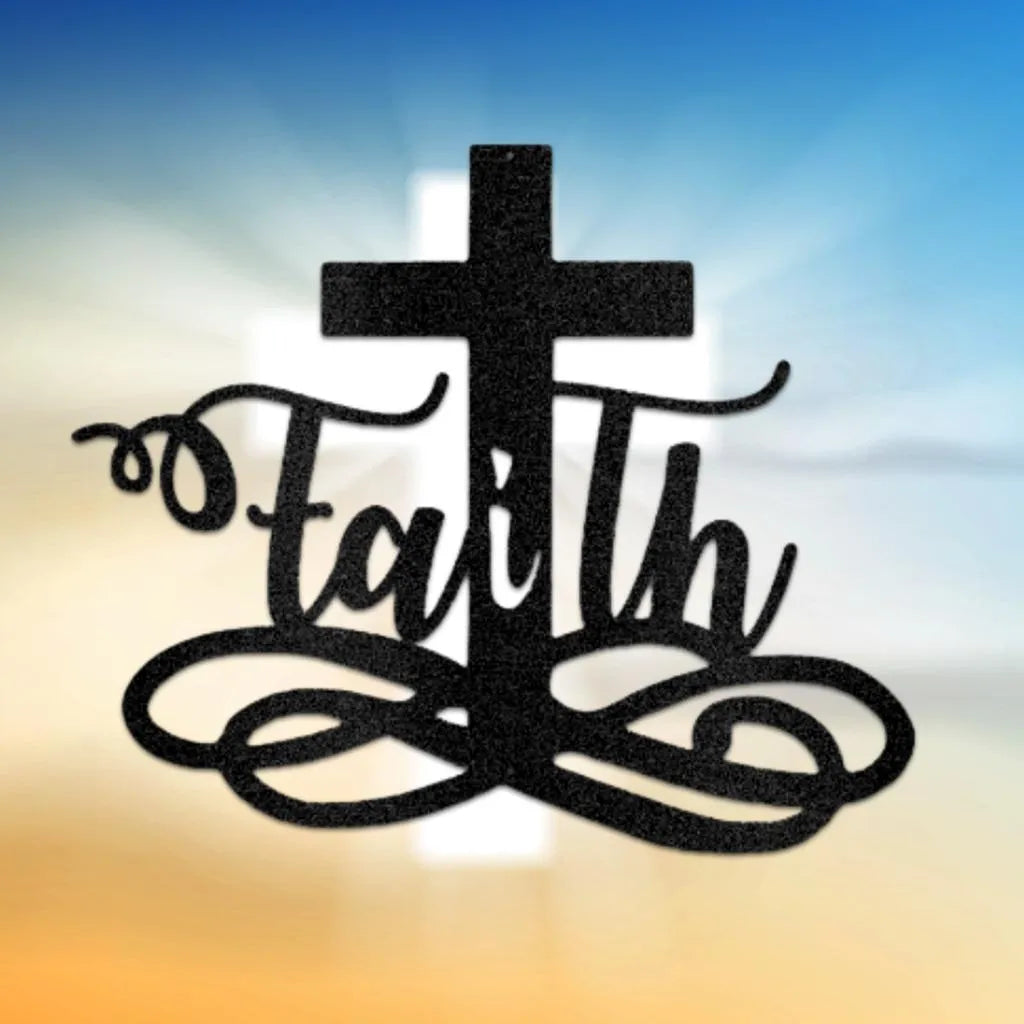Black metal wall art featuring a cross intertwined with the word "Faith" in script.