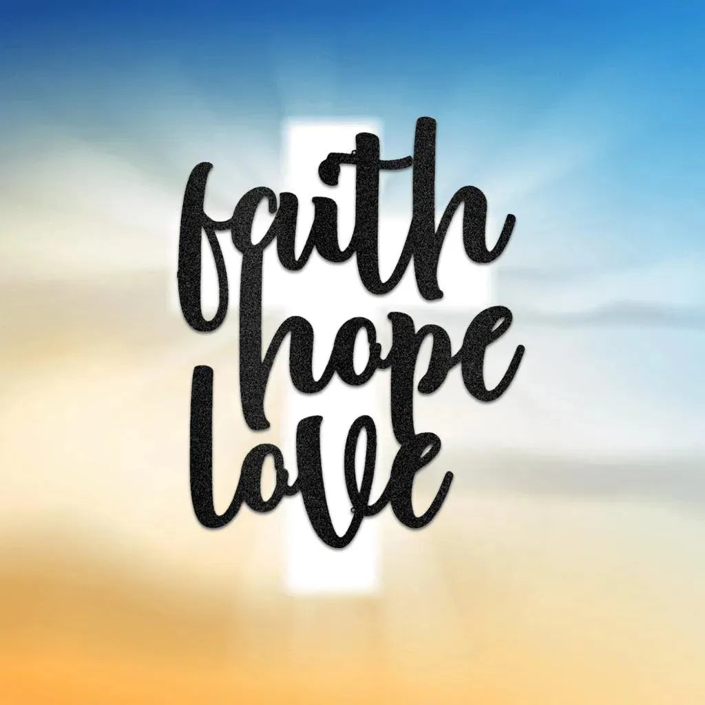 Black metal "Faith Hope Love" script wall art with a subtle cross and sky background.