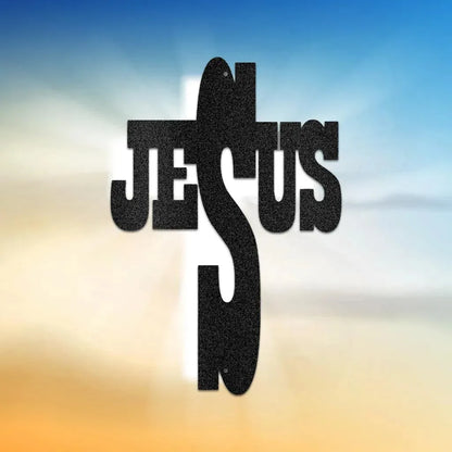 Black metal wall art forming a cross with "JESUS" integrated into its design, on a gradient background.