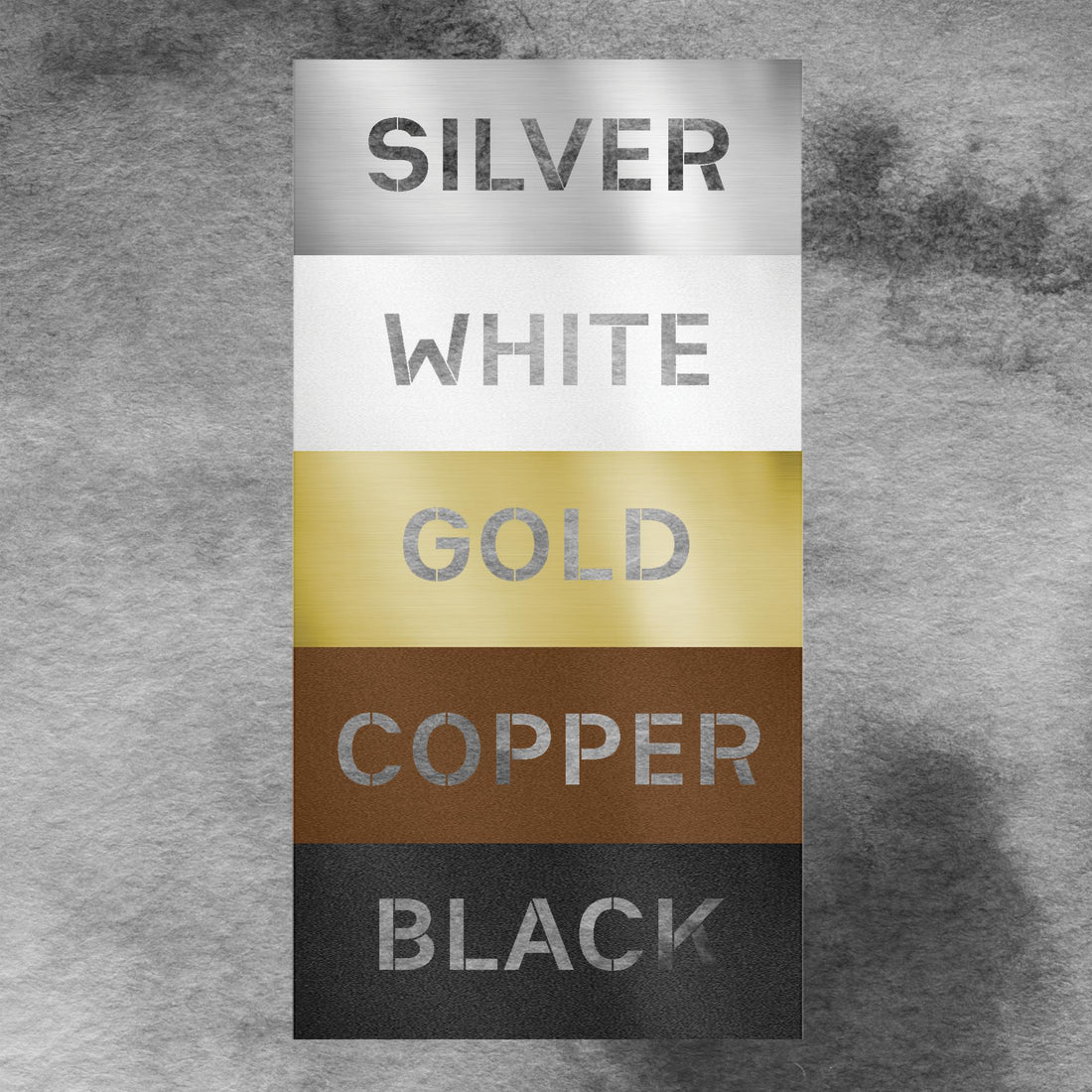 Metal color swatches for custom monogram sign: silver, white, gold, copper, and black.