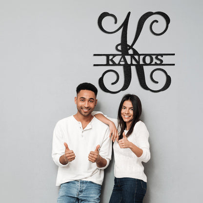 Black metal K monogram with "KANOS" name, displayed above a smiling couple giving thumbs up.