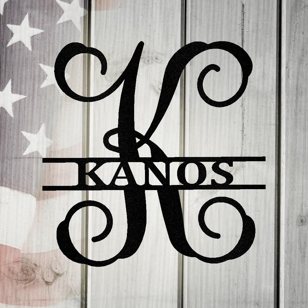 Black metal "K" initial monogram with "KANOS" name, on a rustic wood and American flag background.