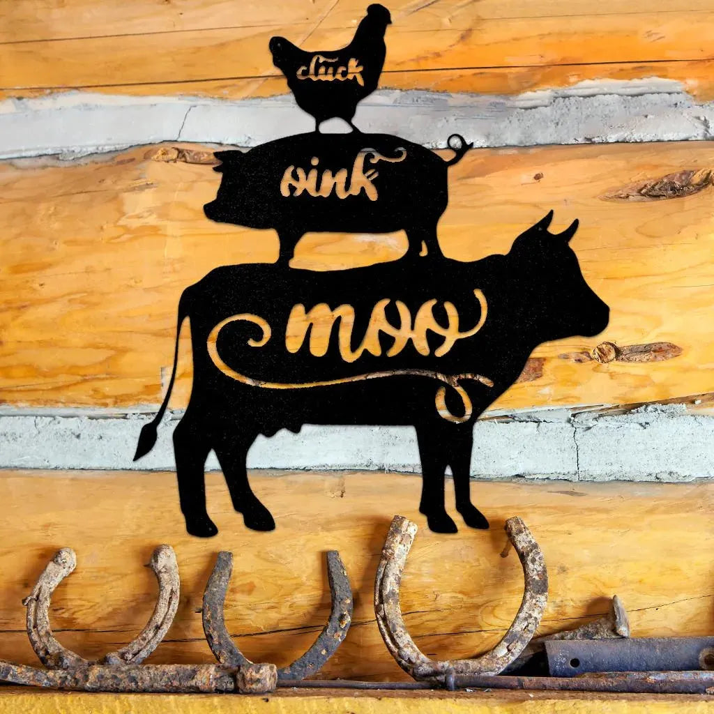 Black metal farm animal wall art: cow, pig, and chicken stacked, with "moo," "oink," and "cluck" cutouts.
