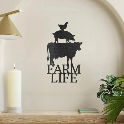 Black metal "Farm Life" art with stacked cow, pig, and chicken silhouettes.