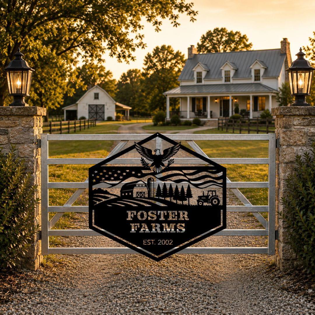 A decorative black metal gate sign featuring a farm illustration and the text 'Foster Farms Est. 2002,' mounted on a white metal gate at a gravel driveway entrance with a farmhouse and trees in the background.
