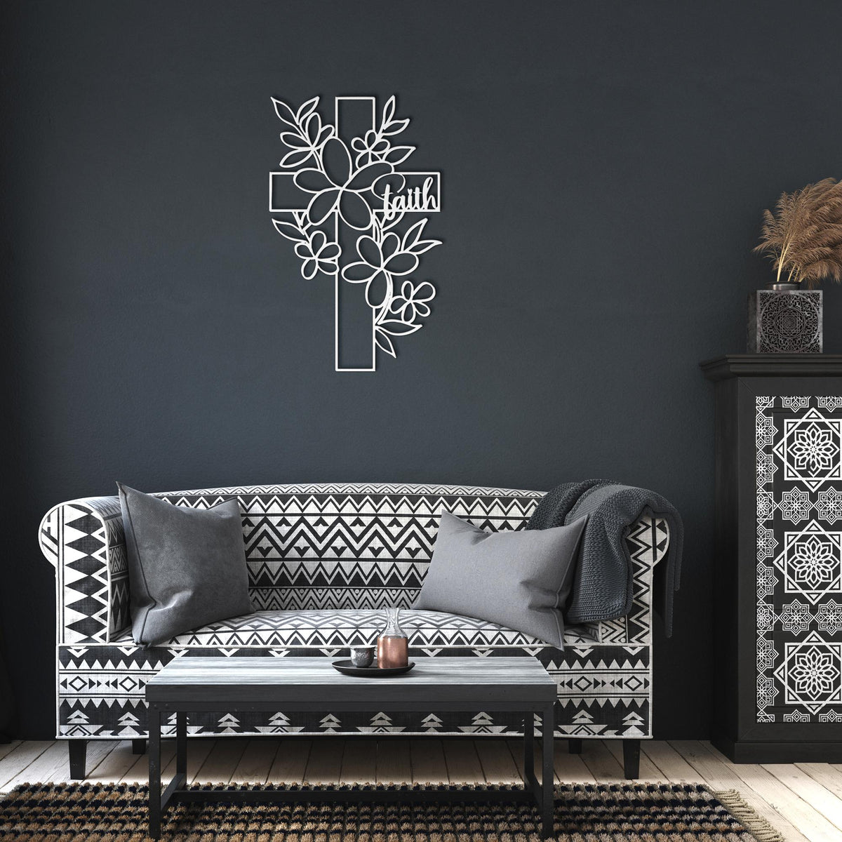 Floral_Faith_Cross_Metal_Wall_Art_White_Dark_Living_Room_Mockup