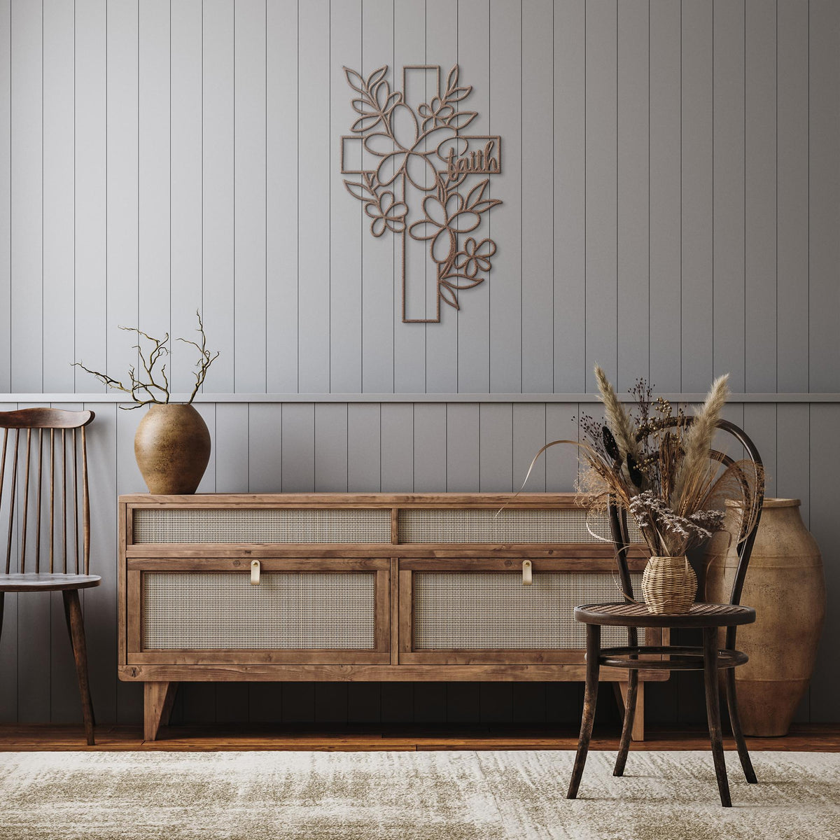 Floral_Faith_Cross_Metal_Wall_Art_Copper_Rustic_Hallway_Mockup