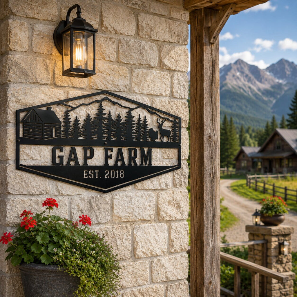 A black metal 'GAP FARM EST. 2018' sign with a cabin and trees silhouette, mounted on a light stone wall next to a lit lantern and potted flowers, with a mountain village scene in the background.