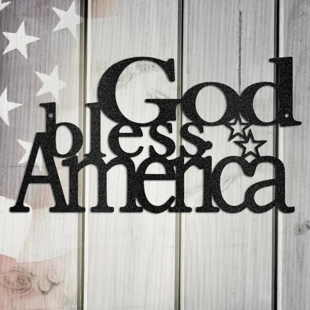Black metal "God Bless America" wall art with three stars, on a rustic American flag background.