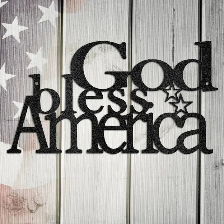 Black metal "God Bless America" wall art with three stars, on a rustic American flag background.
