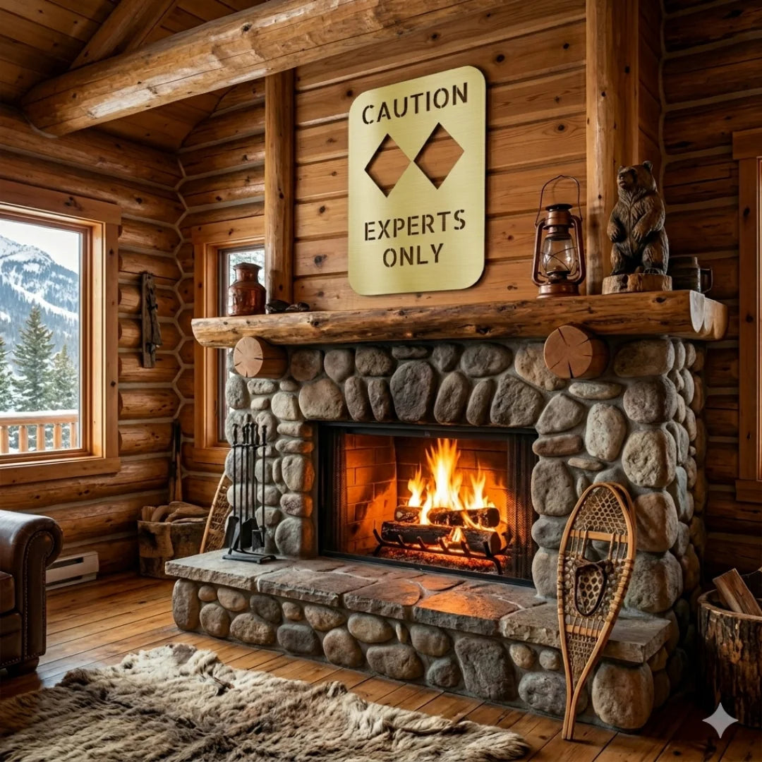 Wooden cabin interior with stone fireplace, snowshoe decor, and 'Caution Experts Only' sign.