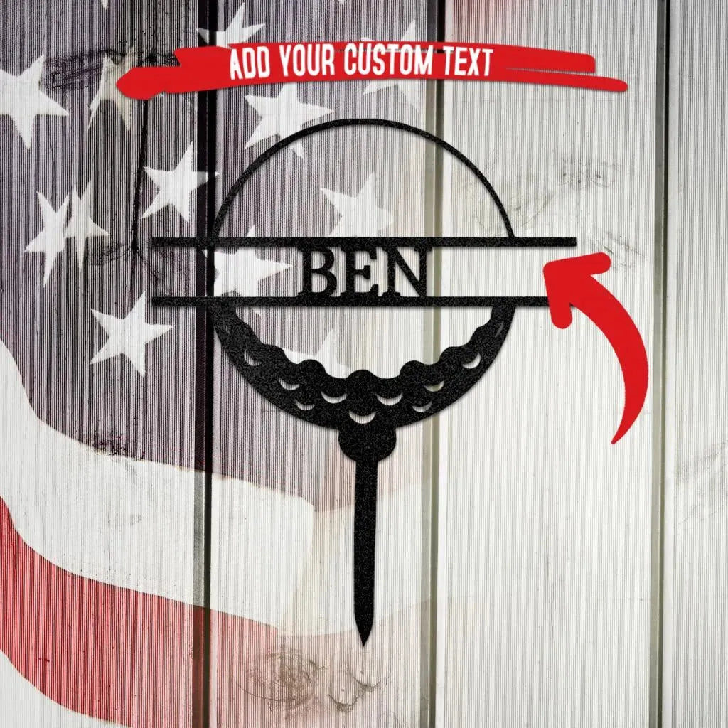 Black metal golf ball monogram wall art with "BEN" custom text, on an American flag background.