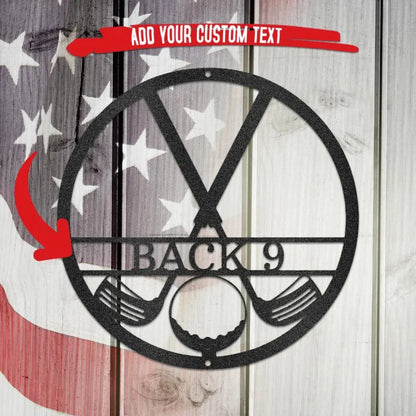 Black metal golf club monogram art with "BACK 9" text, golf ball, and two clubs, on a rustic American flag background.