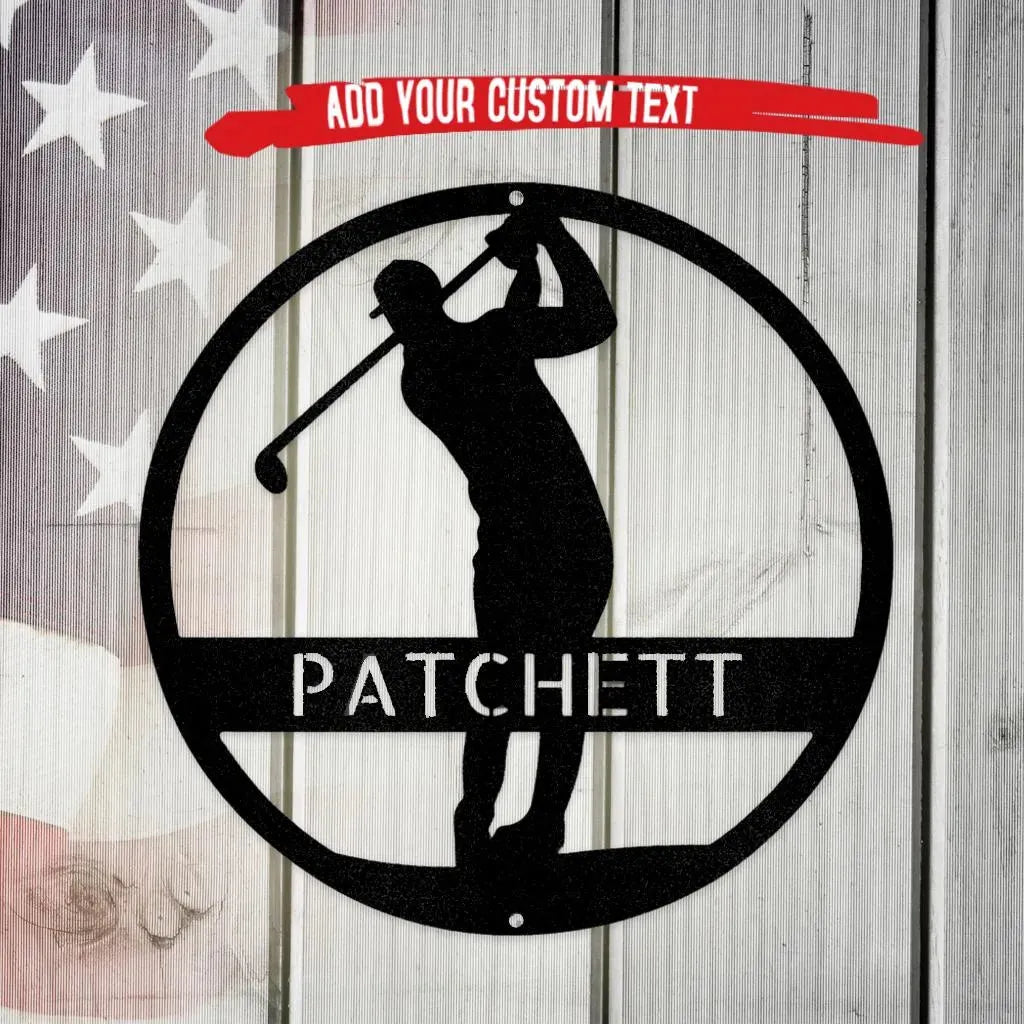 Black metal golfer monogram wall art with "PATCHETT" custom text, set against a rustic American flag background.