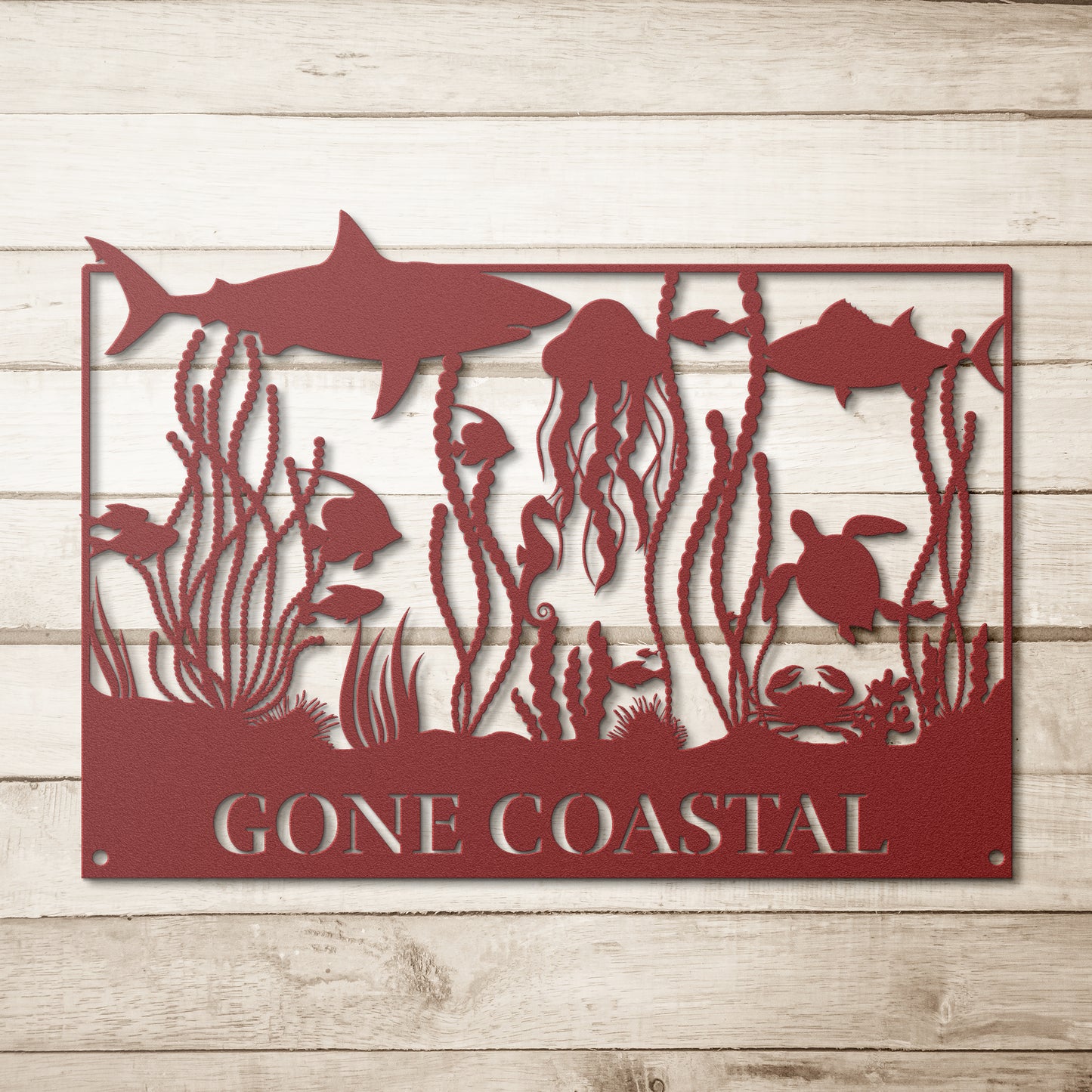 Gone_Coastal_Sealife_Metal_Wall_Art_Red_Simple_Wood_BKGD_Mockup.png