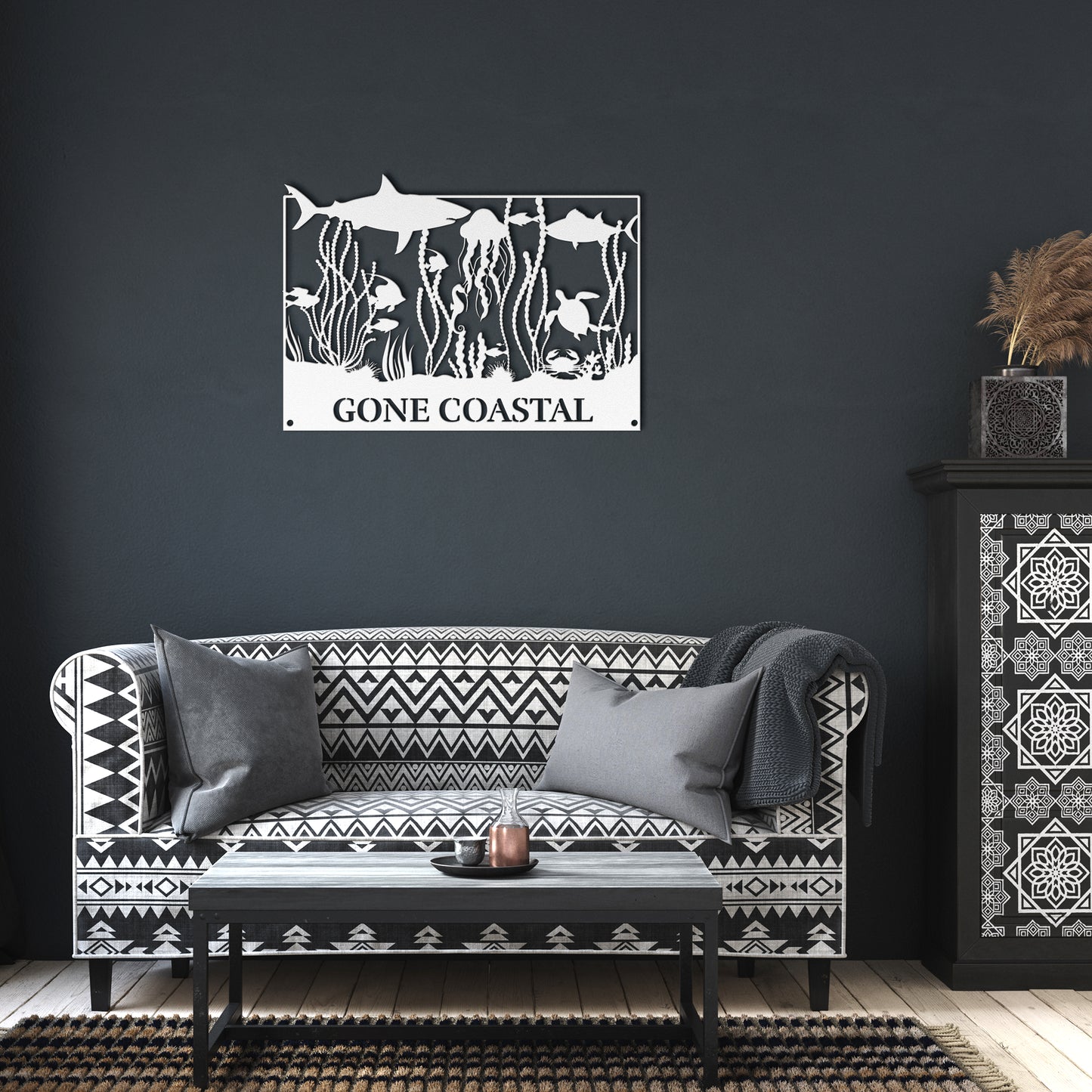 Gone_Coastal_Sealife_Metal_Wall_Art_White_Dark_Living_Room_Mockup.png