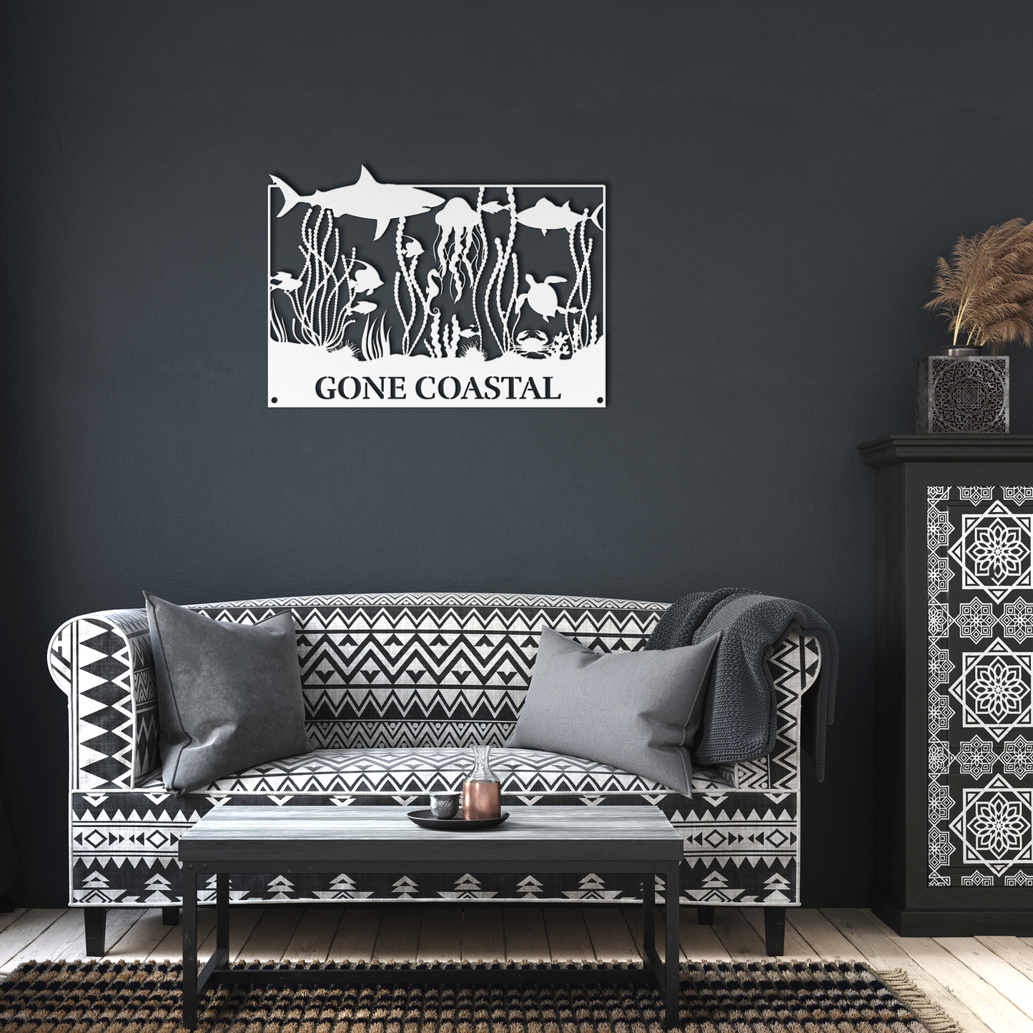 Gone_Coastal_Sealife_Metal_Wall_Art_White_Dark_Living_Room_Mockup.png