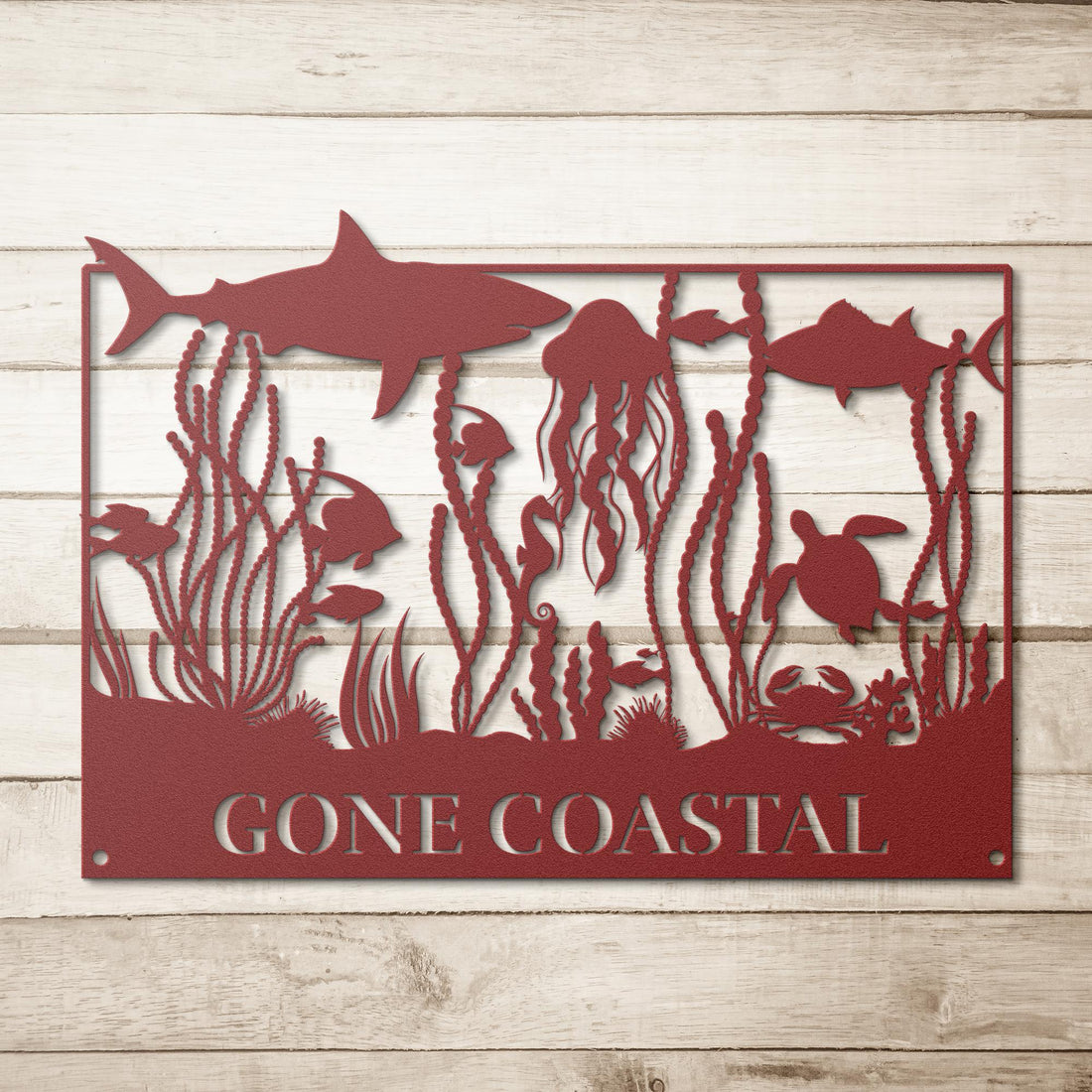 Gone_Coastal_Sealife_Metal_Wall_Art_Red_Simple_Wood_BKGD_Mockup