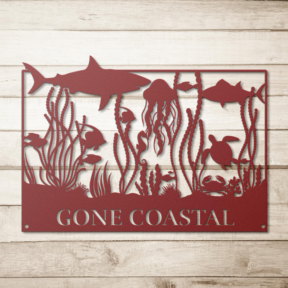 Gone_Coastal_Sealife_Metal_Wall_Art_Red_Simple_Wood_BKGD_Mockup