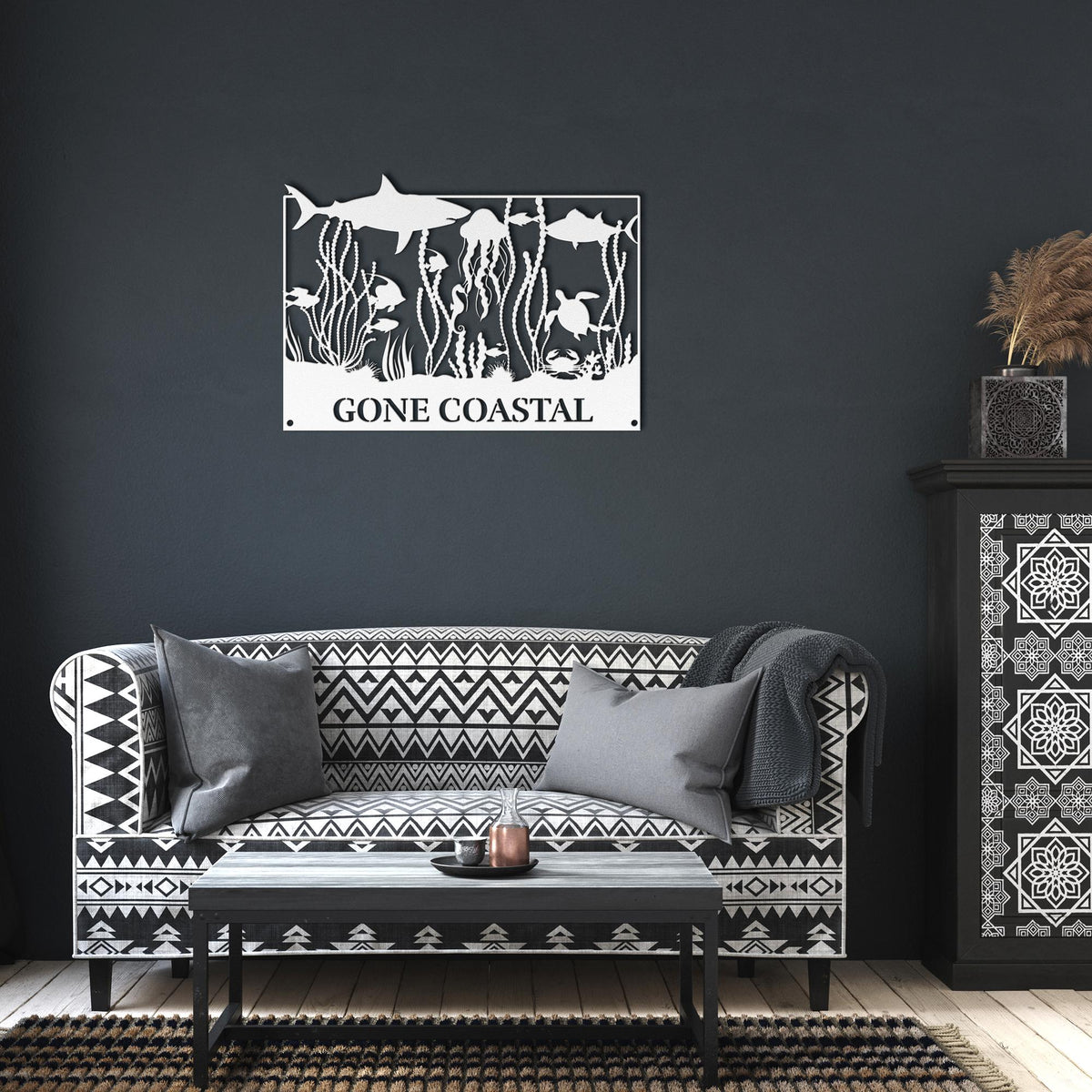 Gone_Coastal_Sealife_Metal_Wall_Art_White_Dark_Living_Room_Mockup