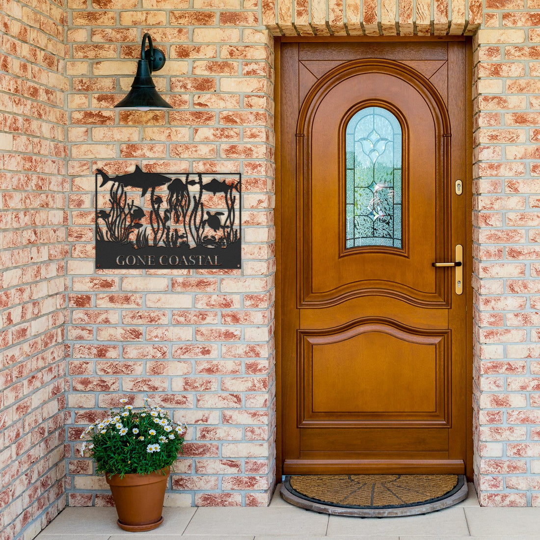 Gone_Coastal_Sealife_Metal_Wall_Art_Black_Brick_Entrance_Mockup
