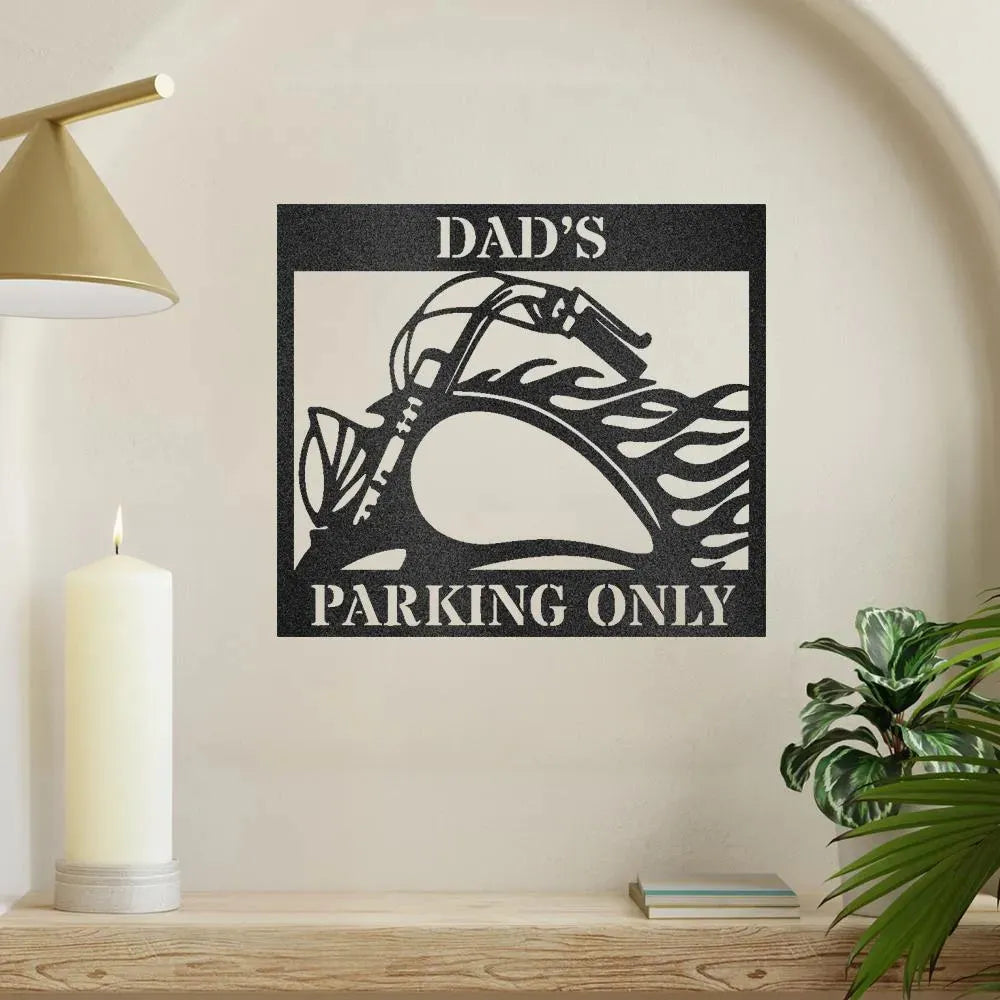 Black steel "Dad's Parking Only" sign with a motorcycle silhouette and flames, vintage style.