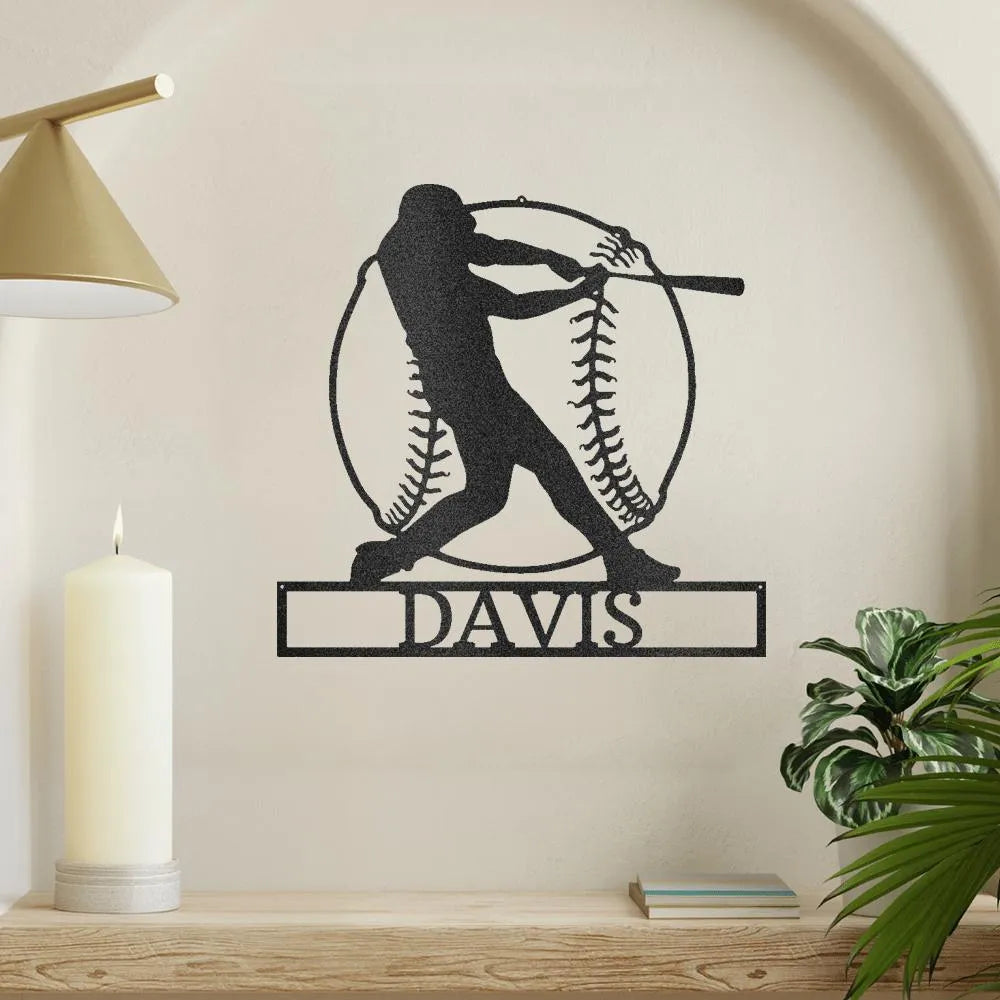 Black metal baseball batter monogram with "DAVIS" on a white wall.