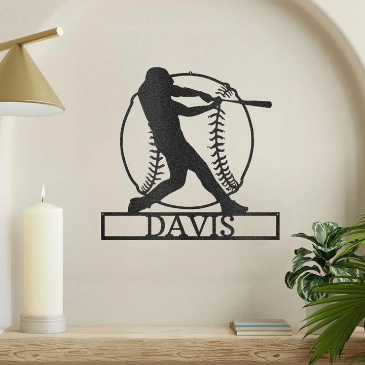 Black metal baseball batter monogram with "DAVIS" on a white wall.