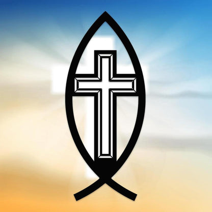 Ichthys Symbol Fish with Cross Metal Wall Art
